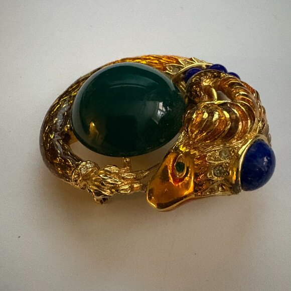 Vintage Gem Craft ram's head brooch in gold metal, enamel and glass stones - Picture 3 of 9